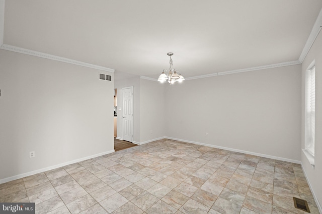 unfurnished room with an inviting chandelier and ornamental molding