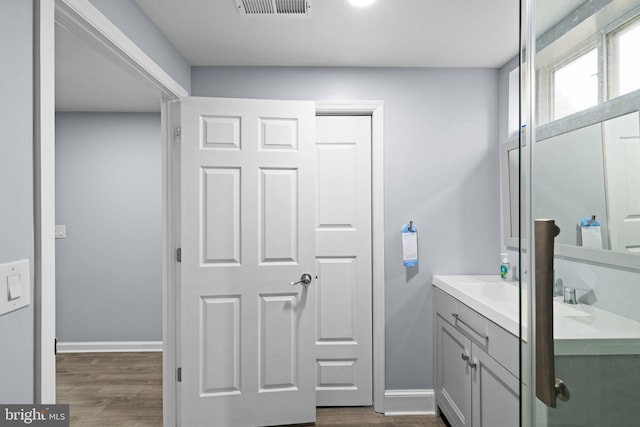 bathroom with vanity and wood-type flooring