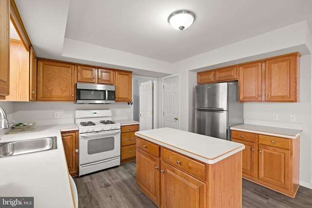 kitchen featuring stainless steel appliances, a kitchen island, sink, and dark hardwood / wood-style floors