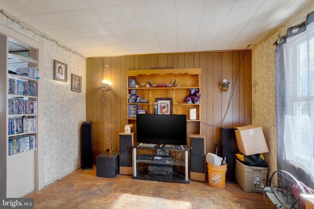 living room with wood walls