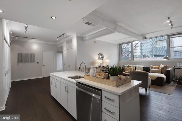 kitchen with sink, dishwasher, white cabinetry, a kitchen island with sink, and dark hardwood / wood-style floors