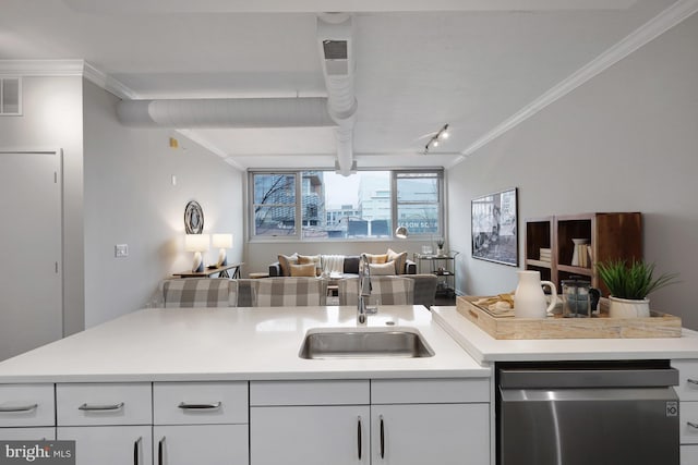 kitchen featuring sink, track lighting, ornamental molding, and white cabinets