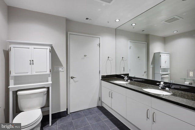 bathroom featuring vanity, toilet, and tile patterned flooring