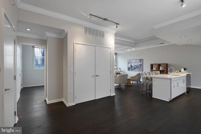 kitchen with white cabinetry, a kitchen island with sink, dark wood-type flooring, and ornamental molding