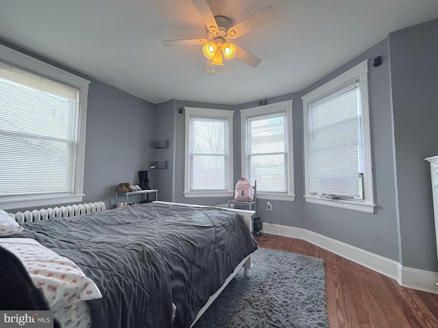 bedroom with hardwood / wood-style flooring, ceiling fan, radiator, and multiple windows