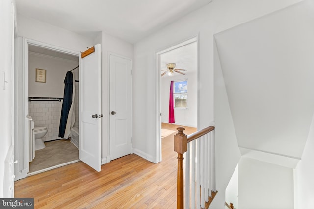 hall with tile walls and light hardwood / wood-style floors