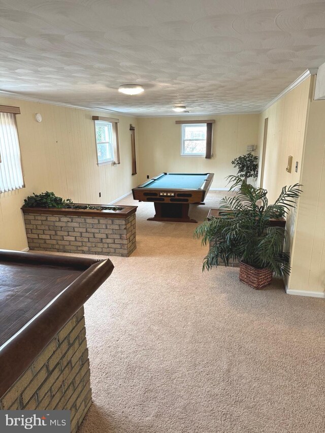 game room with plenty of natural light, carpet flooring, and pool table