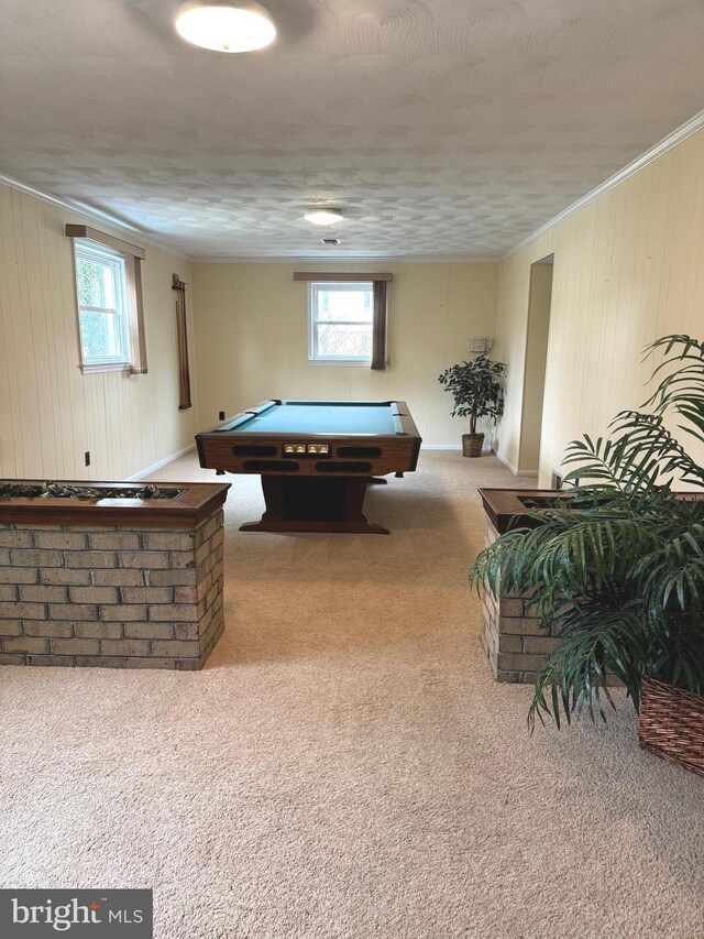 recreation room featuring light carpet, billiards, ornamental molding, and a wealth of natural light