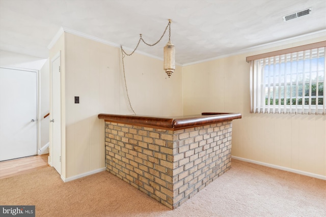 bar with carpet floors, a bar, visible vents, and crown molding