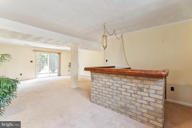 bar with light carpet, baseboards, and a dry bar