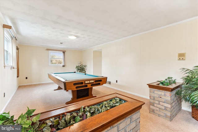 game room with light carpet, crown molding, and pool table