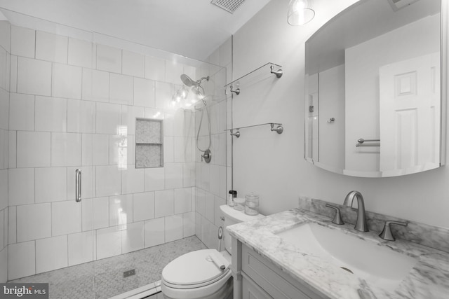 bathroom with vanity, a shower stall, toilet, and visible vents