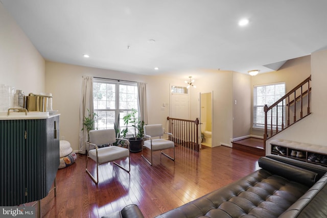 living room with stairway, recessed lighting, baseboards, and hardwood / wood-style floors