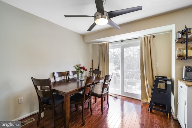 dining space with dark wood finished floors, visible vents, a ceiling fan, and baseboards