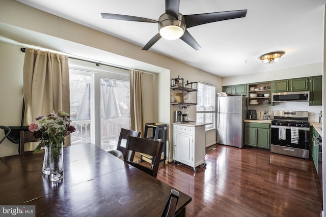 dining space with a ceiling fan and dark wood-style flooring