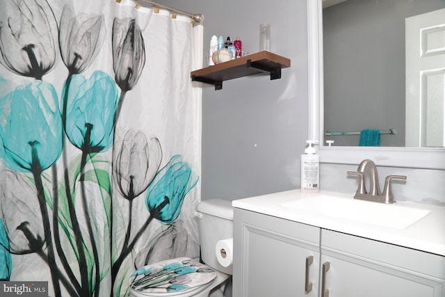 bathroom featuring vanity, a shower with curtain, and toilet