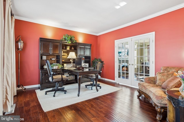 office area with dark wood-type flooring, ornamental molding, and french doors