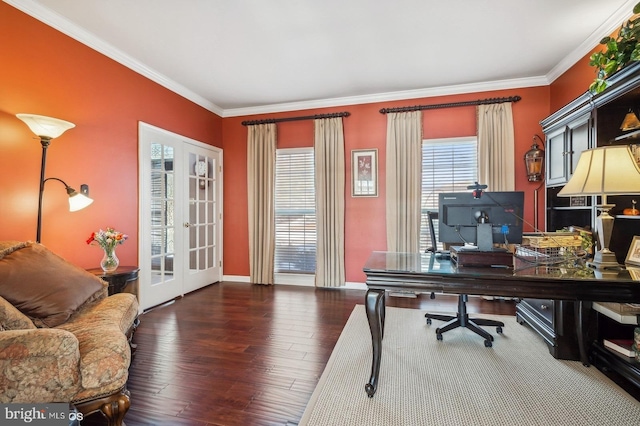 office featuring french doors, ornamental molding, and dark hardwood / wood-style flooring