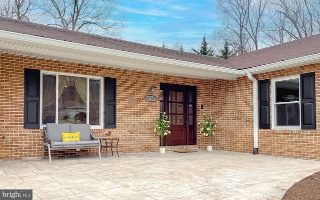 view of exterior entry featuring a patio