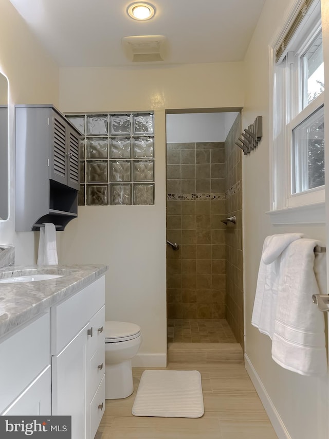 bathroom featuring vanity, a tile shower, and toilet