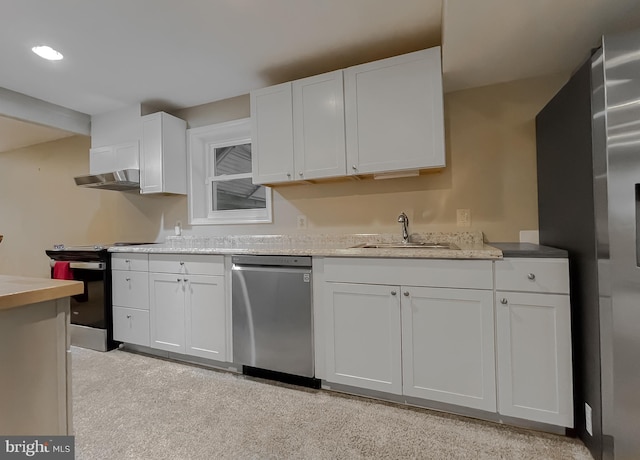 kitchen with range with electric stovetop, stainless steel dishwasher, and white cabinets