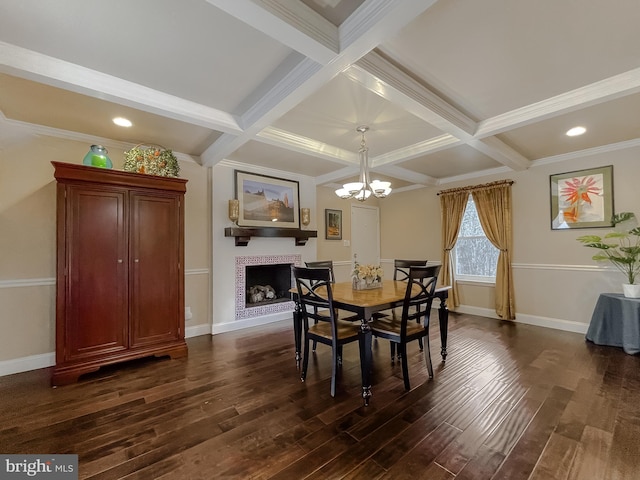 dining area with beamed ceiling, coffered ceiling, and dark hardwood / wood-style floors