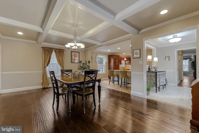 dining room featuring hardwood / wood-style flooring, coffered ceiling, a chandelier, and beamed ceiling