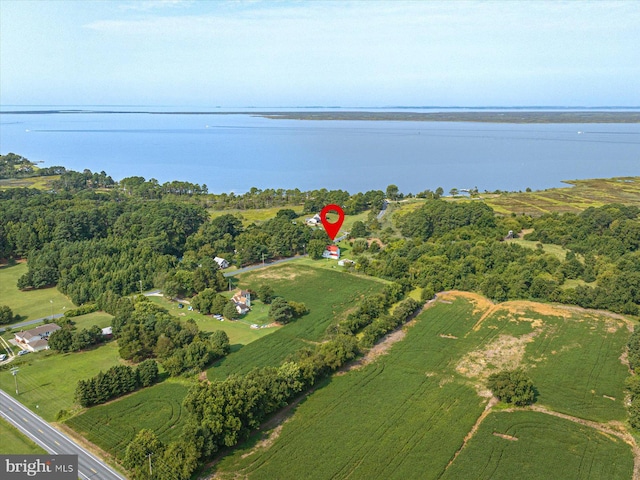 bird's eye view featuring a water view and a rural view