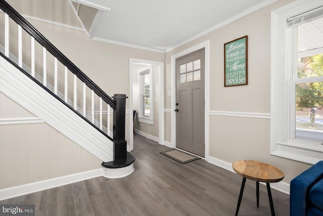 entryway with crown molding and dark wood-type flooring