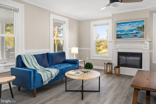 living room featuring crown molding, light hardwood / wood-style floors, and ceiling fan