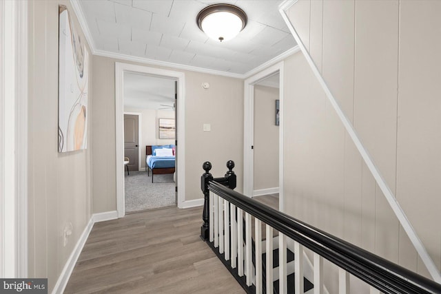 corridor with ornamental molding and light hardwood / wood-style flooring