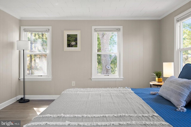 bedroom with ornamental molding and hardwood / wood-style floors