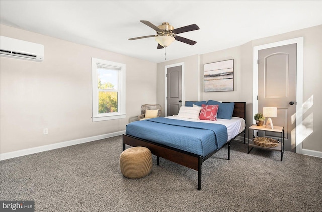 carpeted bedroom with ceiling fan and a wall mounted AC