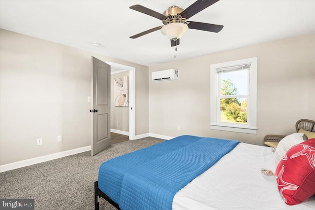 bedroom with ceiling fan and a wall mounted air conditioner