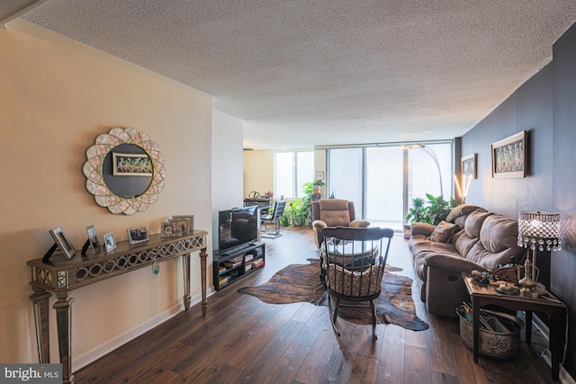 living room with dark hardwood / wood-style flooring, a textured ceiling, and a wall of windows