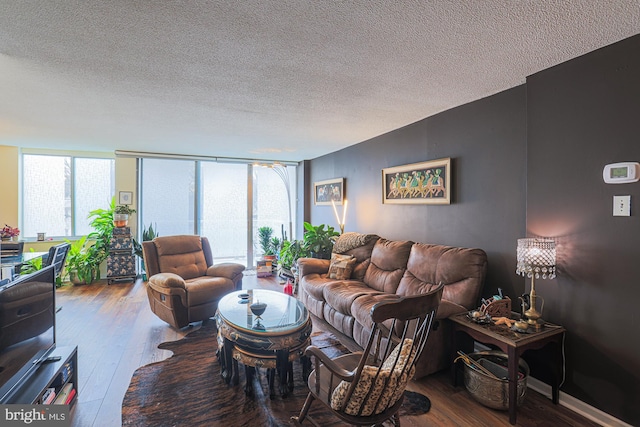 living room with a healthy amount of sunlight, hardwood / wood-style floors, and a textured ceiling