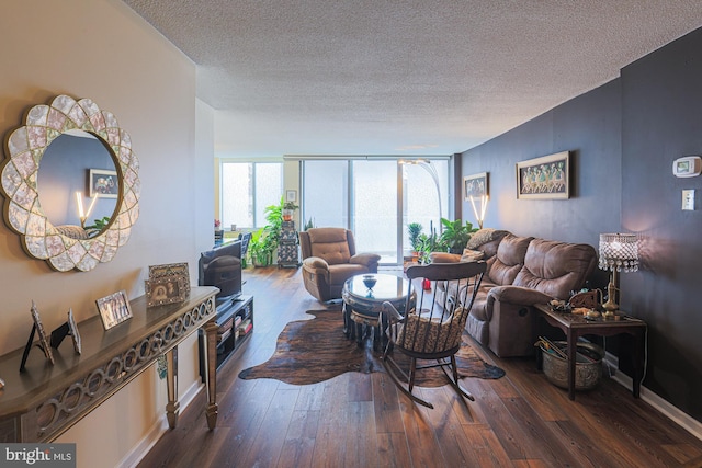 living room featuring floor to ceiling windows, dark wood-type flooring, and a textured ceiling