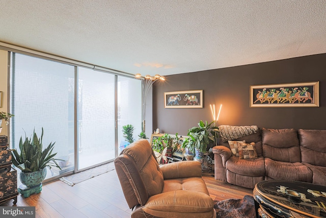 living room featuring floor to ceiling windows, a textured ceiling, and light wood-type flooring