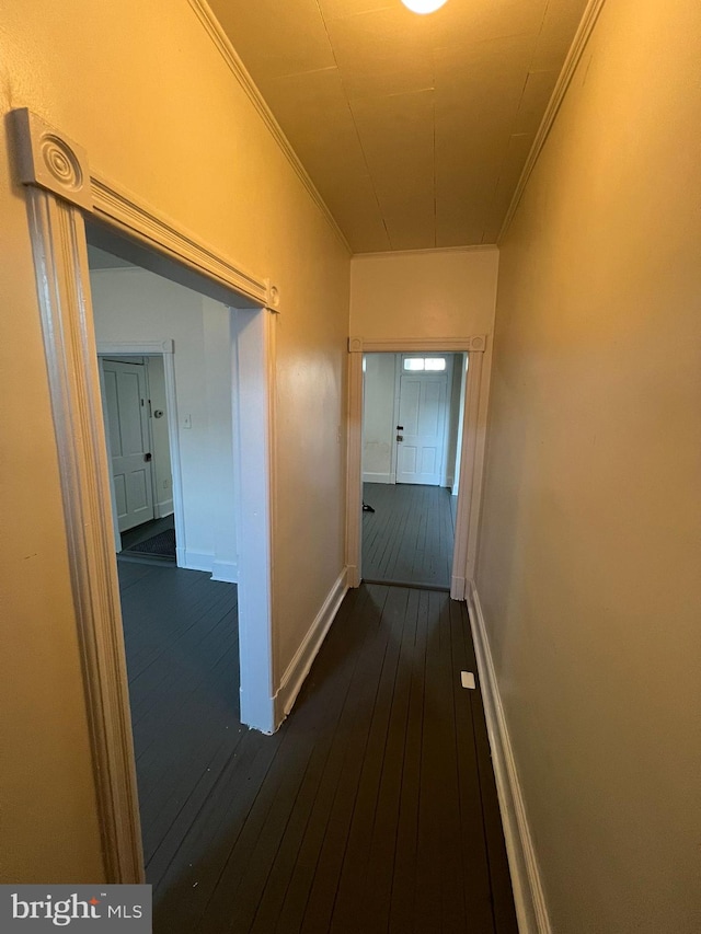 hall featuring ornamental molding and dark hardwood / wood-style floors