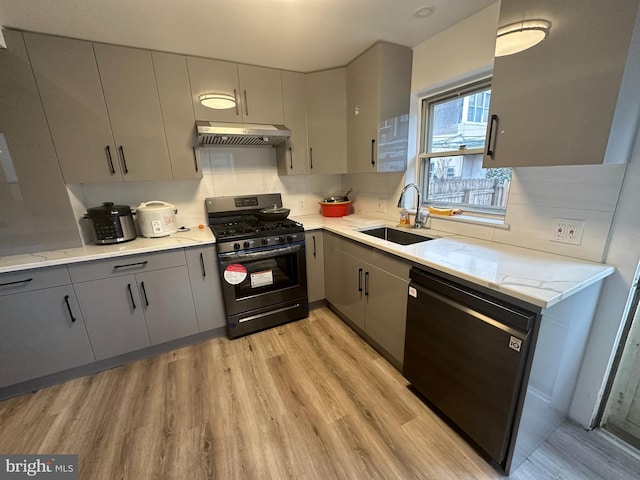 kitchen featuring gray cabinetry, a sink, wall chimney range hood, stainless steel range with gas cooktop, and dishwasher