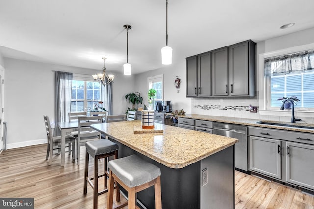 kitchen with pendant lighting, sink, a breakfast bar area, a center island, and stainless steel dishwasher