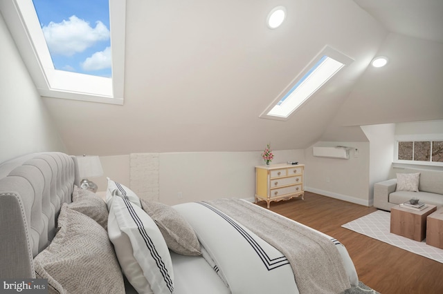 bedroom featuring hardwood / wood-style flooring and lofted ceiling