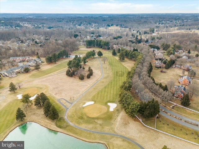 drone / aerial view featuring a water view and view of golf course