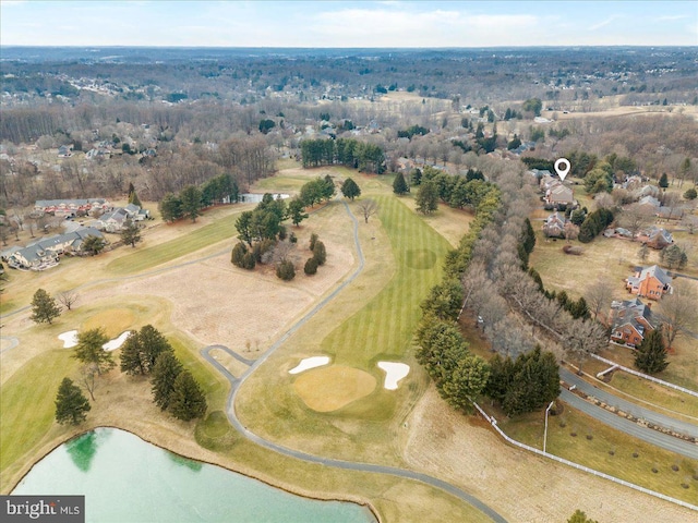 drone / aerial view featuring a water view and golf course view