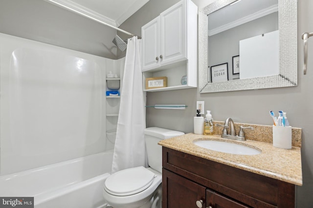 full bathroom with vanity, ornamental molding, shower / bath combination with curtain, and toilet