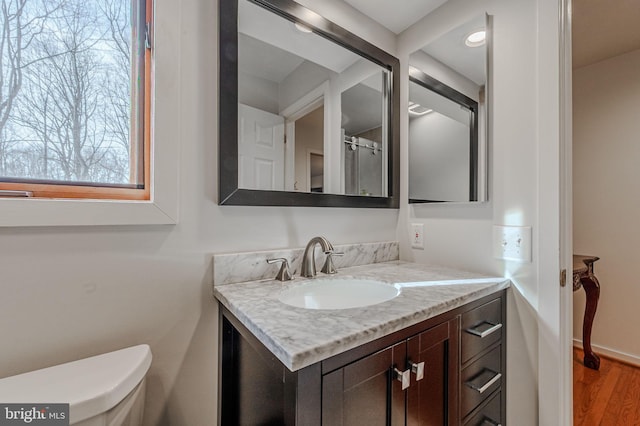 bathroom with vanity, toilet, and wood-type flooring