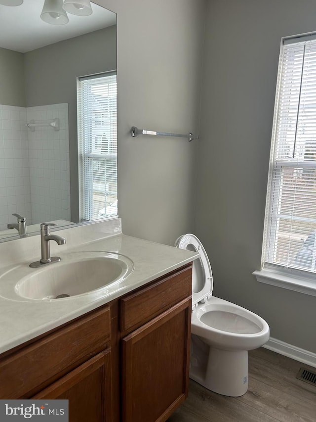 bathroom with vanity, wood-type flooring, toilet, and a healthy amount of sunlight