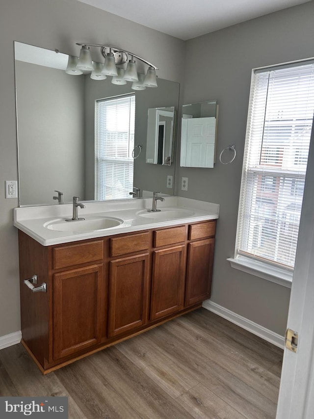 bathroom with vanity and hardwood / wood-style floors