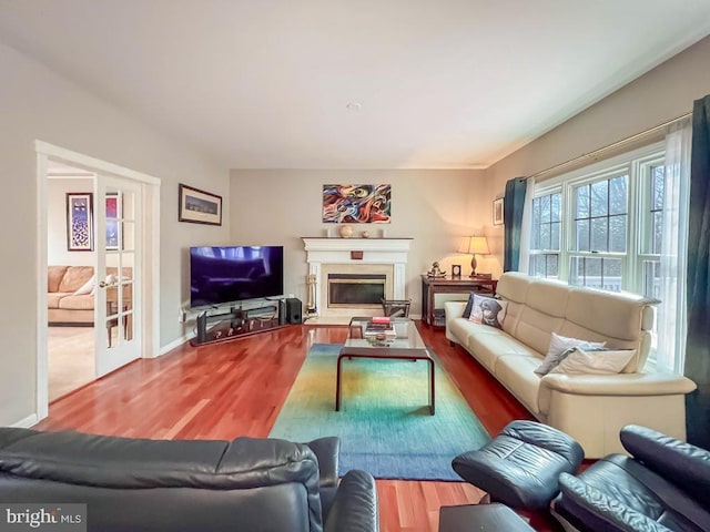 living room with wood-type flooring and french doors