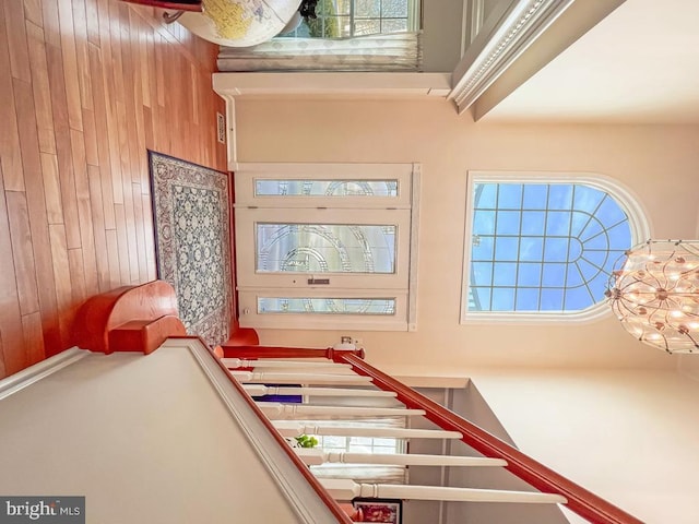 stairway featuring a high ceiling and wood walls